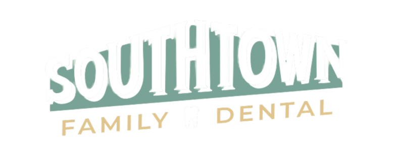 Southtown Family Dental logo featuring teal and cream typography with a tooth icon.
