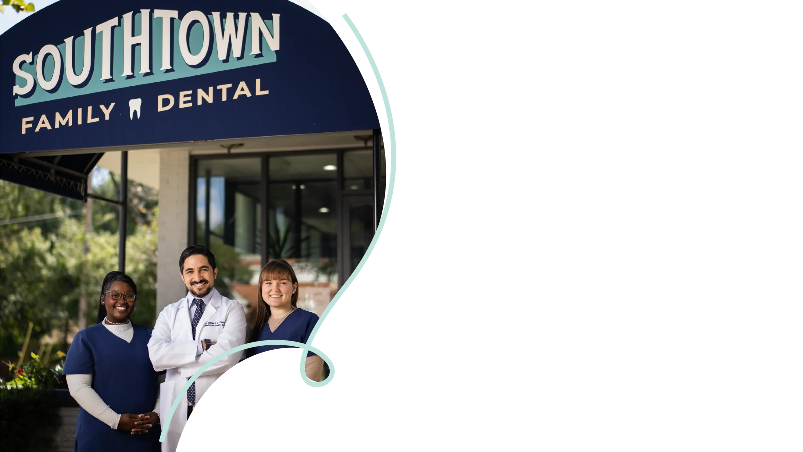 Dr. Richard Campos and staff posing proudly in front of Southtown Family Dental’s Kansas City, MO office on a sunny day.