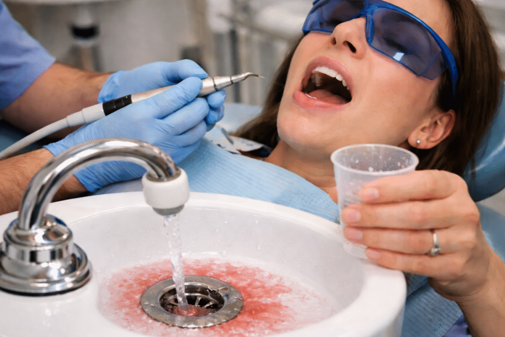 patient having a dental cleaning with blood in sink