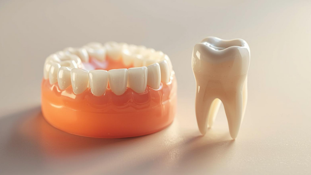 A clean, well-lit macro shot of a realistic zirconia dental crown resting on a neutral surface next to a natural tooth model, illustrating the visual comparison between crown and tooth