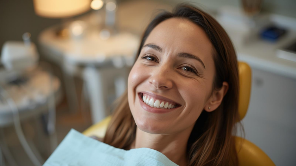 A close-up lifestyle photo of a smiling adult patient seated in a dental chair with soft, warm clinic lighting