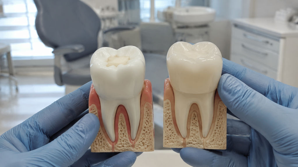 Dentist holding tooth models comparing a small filling with a full dental crown.