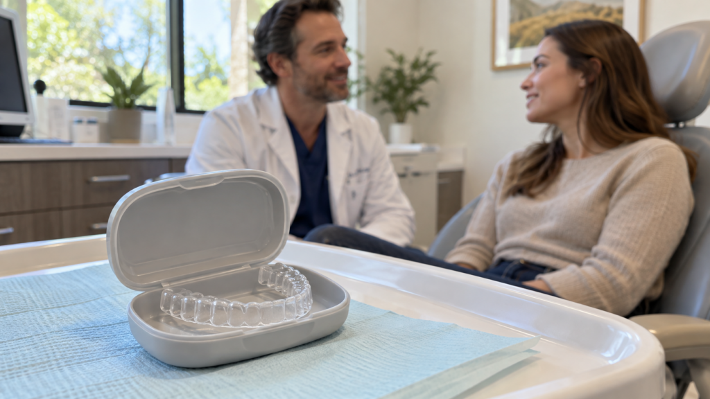 A clear custom night guard sits in its case while a dentist discusses the appliance with an adult patient.